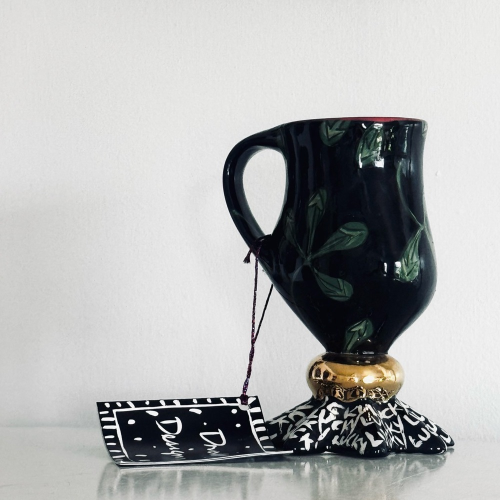 Droll Designs, Hand Painted Green Leaf Art Pottery Coffee Mug, Lucky 1/1